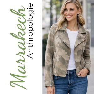 Marrakech Anthropologie Camo Moto Jacket Soft Suede-Look Utility Size Small